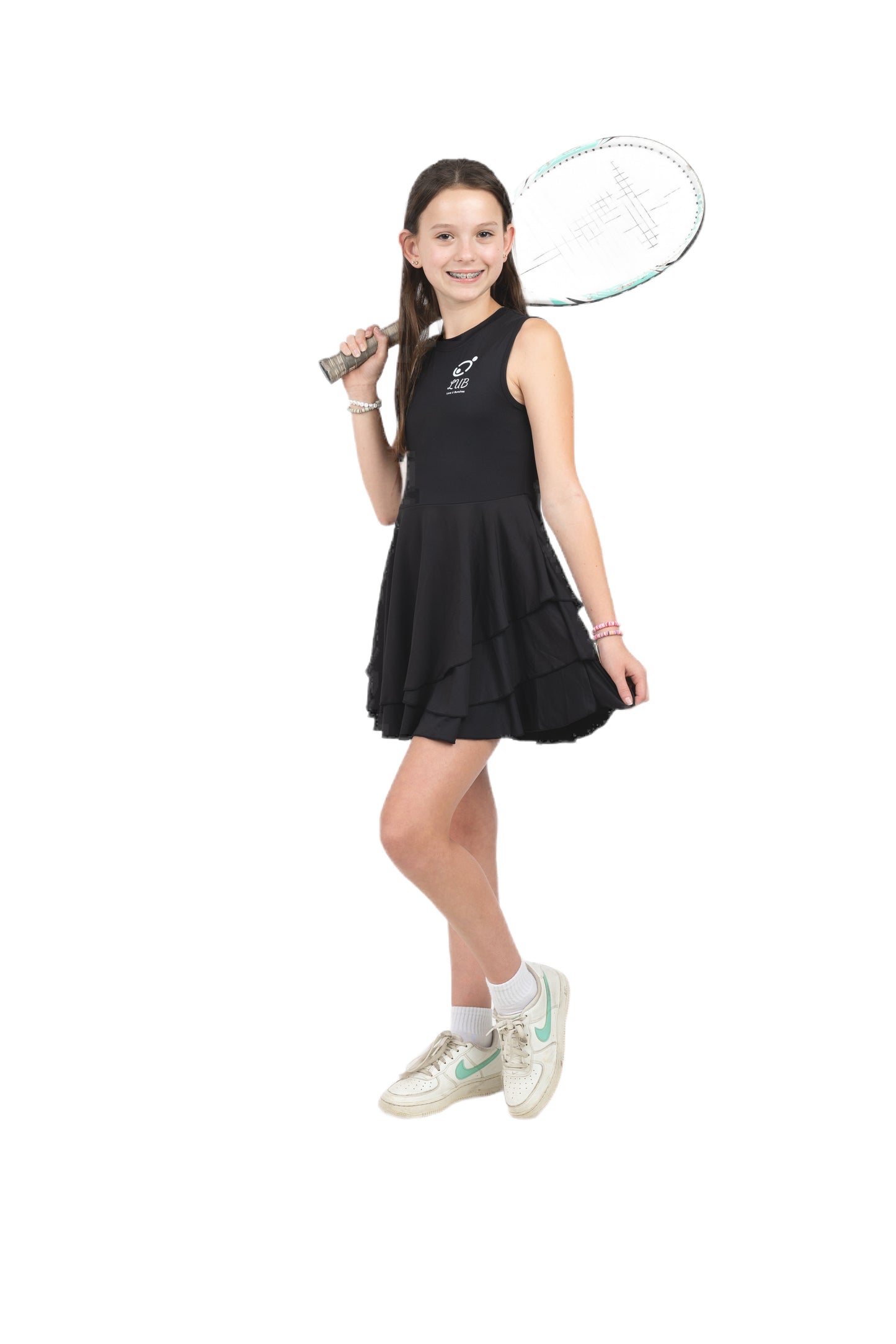 Love U Bunches girls' tennis dress in vibrant black with pleated skirt.