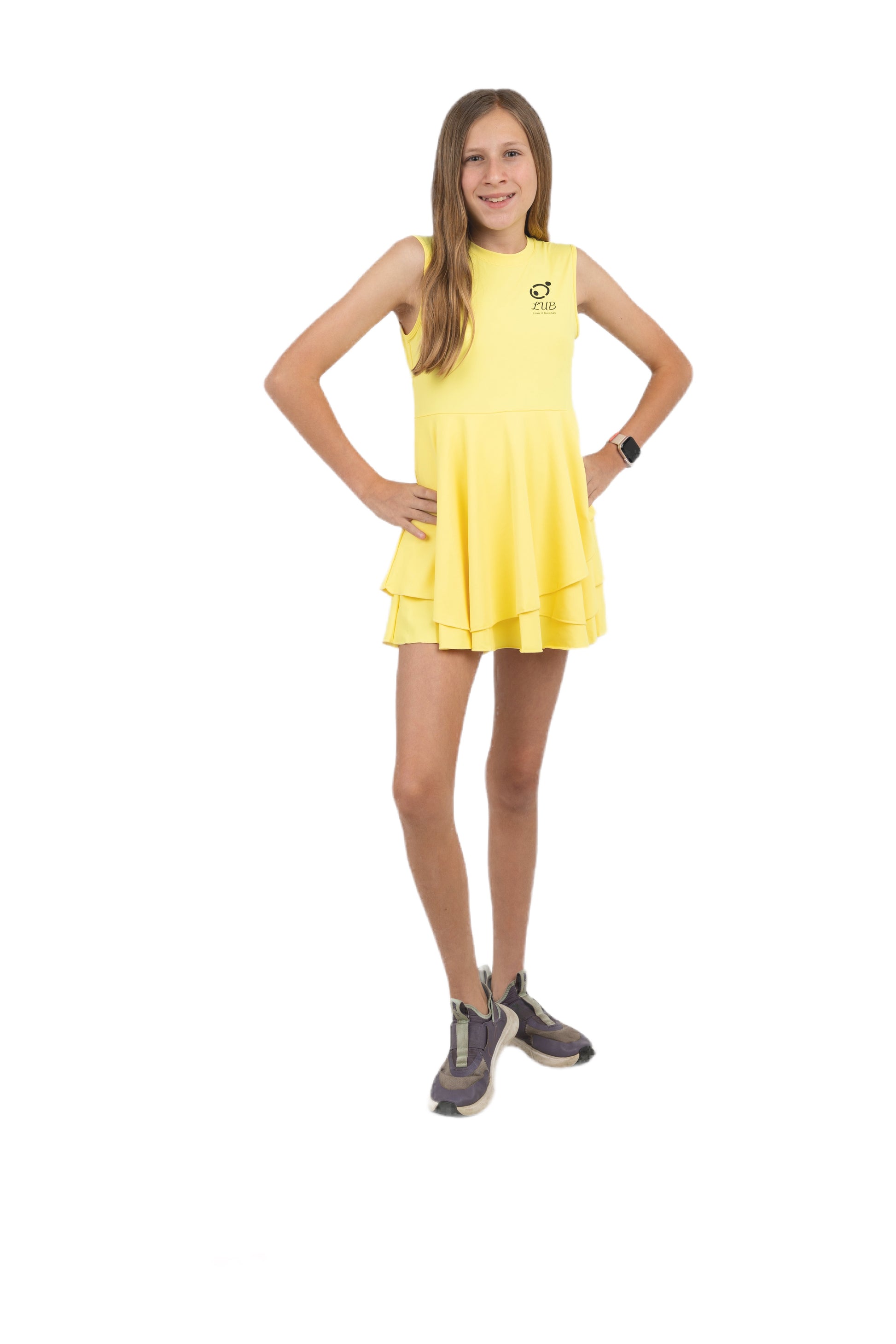 Love U Bunches tennis dress in yellow, featuring moisture-wicking technology to keep young athletes dry